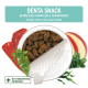 Denta Snack Verpackung mit natürlicher Zahnpflege und Mundhygiene für Haustiere, mit sichtbarem Fleisch, Kräutern und Apfelscheiben.