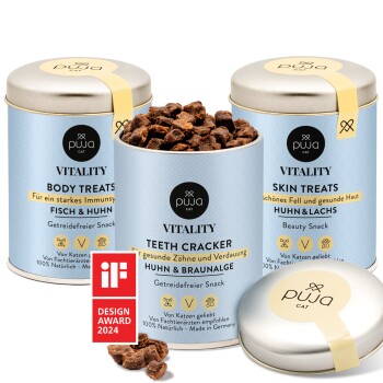 PUJA Snacks Vitality Body + Skin + Teeth für Katzen im Dreierpack 450g