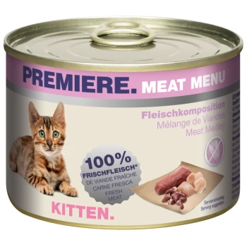 Eine Dose "Premiere Meat Menu" Katzenfutter mit einer verspielten getigerten Katze auf dem Etikett, mit "100% Frisches Fleisch" und "Fleisch-Medley."