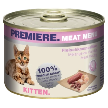 Eine Dose "Premiere Meat Menu" Katzenfutter mit einer verspielten getigerten Katze auf dem Etikett, mit "100% Frisches Fleisch" und "Fleisch-Medley."