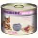 Een blik 'Premiere Meat Menu' kittenvoer met een speelse tabby op het etiket, met '100% Vers Vlees' en 'Vlees Medley'.
