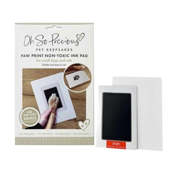 Oh So Precious paw print non-toxic ink pad for small dogs and cats, packaging shows 'INK PAD SIZE SMALL' and red 'STOP!'.