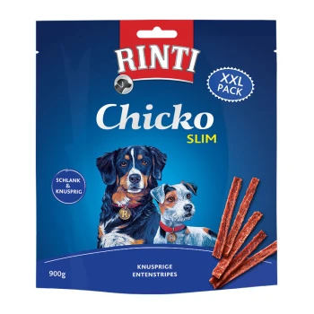 Verpackung von Rinti Chicko Slim Hundeleckerlis mit zwei Hunden, mit dem Text "XXL PACK" und "900g" deutlich sichtbar.
