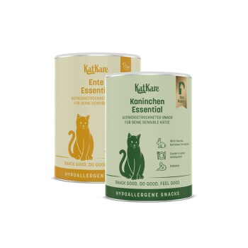 Zwei KatKare-Katzensnackdosen – grün 'Kaninchen Essential' und gelb 'Ente Essential' – hypoallergene Snacks mit der Aufschrift 'Snack good. Do good.'