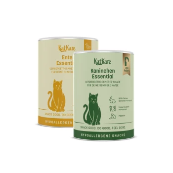 Zwei KatKare-Katzensnackdosen – grün 'Kaninchen Essential' und gelb 'Ente Essential' – hypoallergene Snacks mit der Aufschrift 'Snack good. Do good.'