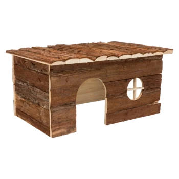 Holz-Haustierhaus mit einer strukturierten Rinde außen, mit einem runden Eingang und einem kleinen runden Fenster.