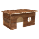 Holz-Haustierhaus mit einer strukturierten Rinde außen, mit einem runden Eingang und einem kleinen runden Fenster.