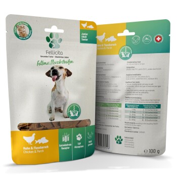 Fellicita Snacksbeutel mit fröhlich sitzendem Hund, Aufschrift 'Huhn & Flussbarsch (Chicken & Perch)' und Gewicht '100 g'