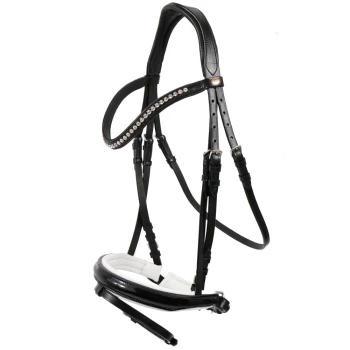 Schwarzes Lederpferdezaumzeug mit einem dekorativen Strass-Browband und gepolstertem Nasenband, vor einem weißen Hintergrund präsentiert.