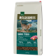 Katze Futterbeutel mit der Aufschrift "Wilderness Adult Dark Fjord", mit einer Bengal-Katze, 70% Fleisch, 30% Früchte und Gemüse, und 0% Getreide.