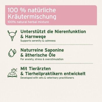 Tieretikett: '100% natürliche Kräutermischung / 100% natural herbal mixture' — unterstützt Nieren- und Harnwegsgesundheit; Saponine & ätherische Öle; in Zusammenarbeit mit Tierärzten entwickelt.