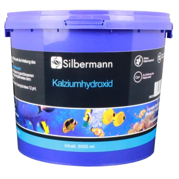 Lila Eimer mit dem Etikett "Silbermann Kalziumhydroxid" mit aquatischen Bildern, enthält 5000 ml Calciumhydroxid für den Aquariengebrauch.