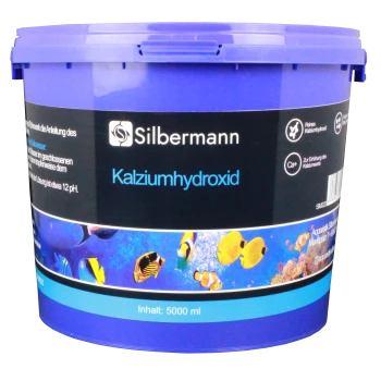 Lila Eimer mit dem Etikett "Silbermann Kalziumhydroxid" mit aquatischen Bildern, enthält 5000 ml Calciumhydroxid für den Aquariengebrauch.