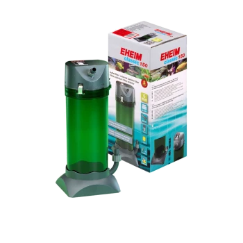 EHEIM Classic 150 Außenfilter in Grün, neben seiner Verpackung angezeigt, mit Produktdetails und Spezifikationen.