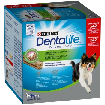 Boîte de friandises Purina Dentalife Daily Oral Care pour chiens, pack de 42 bâtonnets, pour chiens moyens de 12-25 kg, avec image de chien.