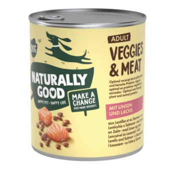 Dosenfutter für Hunde mit der Aufschrift "Naturally Good" mit "Adult Veggies & Meat" und Zutaten wie Linsen und Lachs.