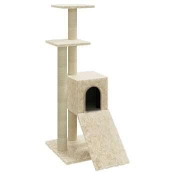 Katzenbaum mit zwei hohen Kratzpfosten, zwei Plattformen und einem gemütlichen Versteck mit einer Rampe, alles in einer sanften beige Farbe.