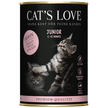 Dose mit Cat's Love Junior Nassfutter für Katzen, die zwei verspielte Kätzchen auf der Vorderseite zeigt, mit dem Hinweis auf Hühnergeschmack und Premium-Qualität.