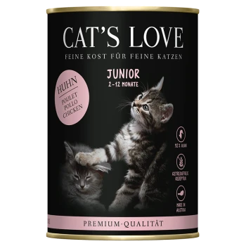 Dose mit Cat's Love Junior Nassfutter für Katzen, die zwei verspielte Kätzchen auf der Vorderseite zeigt, mit dem Hinweis auf Hühnergeschmack und Premium-Qualität.