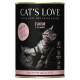 Dose mit Cat's Love Junior Nassfutter für Katzen, die zwei verspielte Kätzchen auf der Vorderseite zeigt, mit dem Hinweis auf Hühnergeschmack und Premium-Qualität.