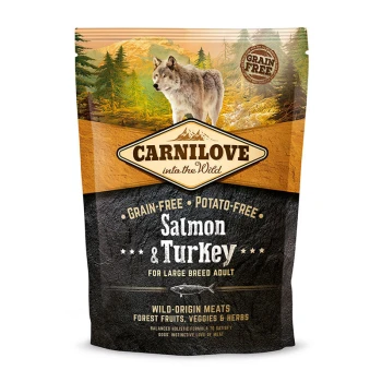 Salmon Turkey Adult Large Dog 1,5kg Torba karmy dla psów Carnilove z wilkiem i tłem leśnym, oznaczona "Bez zbóż, bez ziemniaków, łosoś i indyk dla dużych ras dorosłych."