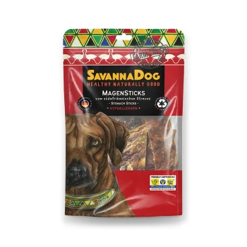 Magensticks Strauss 120g Die Verpackung von SavannaDog Magensticks zeigt das Gesicht eines Hundes, beschriftet mit "Healthy Naturally Good", und hebt hypoallergene Straußmagensticks hervor.