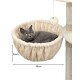 Eine graue Katze liegt in einem plüschigen, cremefarbenen Haustierbett mit einem Durchmesser von 40 cm und einer Höhe von 25 cm, mit einem hängenden Pom-Pom-Spielzeug in der Nähe.
