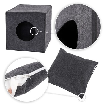 Grau gefilzter Haustierwürfel mit einem runden Eingang, mit einem abnehmbaren Kissen mit Reißverschluss für eine einfache Reinigung.