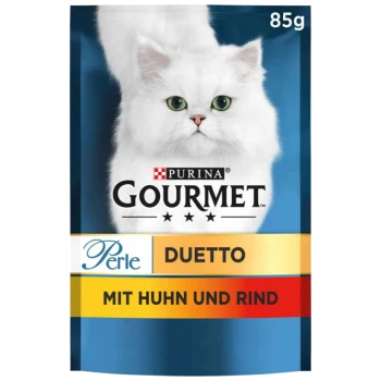 Emballage de nourriture pour chats Purina Gourmet Perle Duetto mettant en vedette un chat blanc, 85g, avec le texte "AVEC POULET ET BOEUF" indiquant la saveur de poulet et de boeuf.
