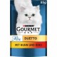 Emballage de nourriture pour chats Purina Gourmet Perle Duetto mettant en vedette un chat blanc, 85g, avec le texte "AVEC POULET ET BOEUF" indiquant la saveur de poulet et de boeuf.