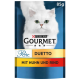Purina Gourmet Perle Duetto Katzenfutterverpackung mit einer weißen Katze, 85g, mit dem Text "MIT HUHN UND RIND", der auf Hühner- und Rindfleischgeschmack hinweist.