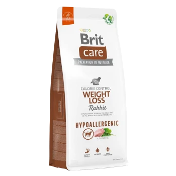 Brit Care Weight Loss Rabbit Hundefutter Sack, mit einem weißen und braunen Design, hebt die Vorteile "Kalorienkontrolle" und "Hypoallergen" hervor.