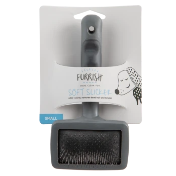Furrish Soft Slicker small pet brush — gray handle, rectangular metal-pin pad; packaging reads "FURRISH", "SOFT SLICKER", "SMALL"