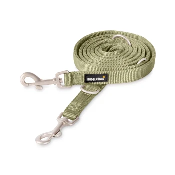 Eine grüne Hundeleine mit einem stabilen Clip und verstellbaren Ringen, die ein schwarzes Etikett mit dem Markennamen "Rudelköng" trägt.