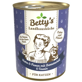 Dosenfutter für Katzen mit der Aufschrift "Betty's Landhausküche", das Huhn und Fasan mit Knochenbrühe und Taurin enthält und "Extra viel Fleisch" betont.
