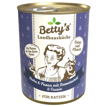 Dosenfutter für Katzen mit der Aufschrift "Betty's Landhausküche", das Huhn und Fasan mit Knochenbrühe und Taurin enthält und "Extra viel Fleisch" betont.