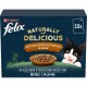Verpackung für Purina Felix Naturally Delicious Katzenfutter mit einer schwarz-weißen Katze, einer Schüssel mit Fleisch in Gelee und Text auf Deutsch.
