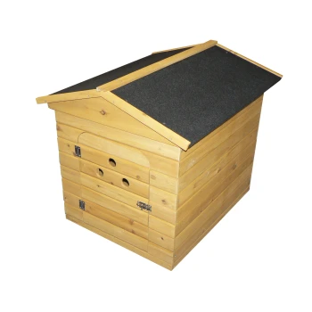 Wooden pet house with a slanted black roof, featuring a side door and ventilation holes for pets.