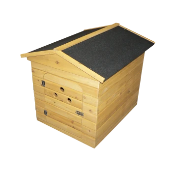 Wooden pet house with a slanted black roof, featuring a side door and ventilation holes for pets.