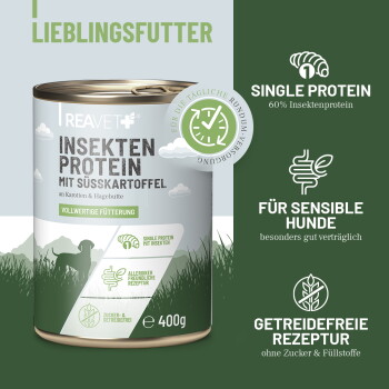 Hundefutterdosenetikett mit der Aufschrift 'OFFENE DEKLARATION' und Nährwertbalken: '76% INSEKTEN und Brühe', '10% KOHLENHYDRAT', '7% GEMÜSE'.