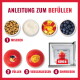 ANLEITUNG ZUM BEFÜLLEN Poster: Schalen mit Trockenfutter, Joghurt, gewürfeltem Apfel und Blaubeeren; Schritte und rotes KONG-Spielzeug, eingefroren im Gefrierfach.