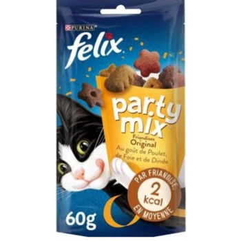 Een zak van 60g Felix Party Mix kattensnoepjes met een zwart-witte kat, met smaken van kip, lever en kalkoen, 2 kcal per snoepje.