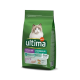 Sac vert de nourriture pour chats Ultima pour chats stérilisés d'intérieur, avec un chat duveteux sur le devant, étiqueté "Dinde" et "1,5 kg."