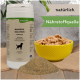 Behälter mit Lecker.pet Barfer's Solution Complete Nährstoffmischung für Hunde, Schüssel mit Nassfutter und einem Haufen Pulver.