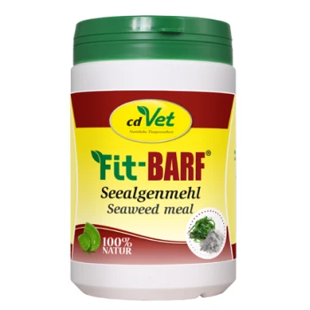 Behälter mit cdVet Fit-BARF Algenmehl, als 100 % natürlich gekennzeichnet, mit einem grünen Deckel und gelben Akzenten.