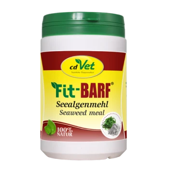 Behälter mit cdVet Fit-BARF Algenmehl, als 100 % natürlich gekennzeichnet, mit einem grünen Deckel und gelben Akzenten.