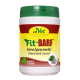 Behälter mit cdVet Fit-BARF Algenmehl, als 100 % natürlich gekennzeichnet, mit einem grünen Deckel und gelben Akzenten.