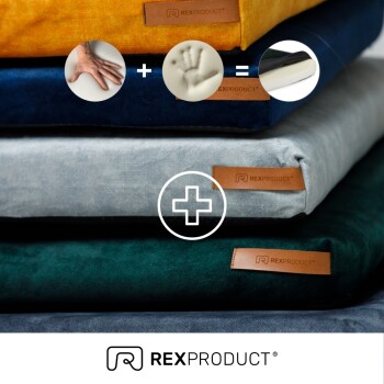Orthopädisches Haustierbett in Dunkelgrau mit einem schwarzen Boden, mit einem braunen Etikett, das "Rexproduct® Ortho" liest.