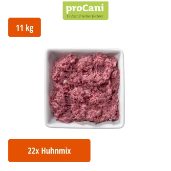 Verpacktes rohes Haustierfutter mit der Aufschrift "proCani Huhn Carnivor" in einem gelb-weißen Design, mit einem Foto eines Hundes und dem Text "22x".