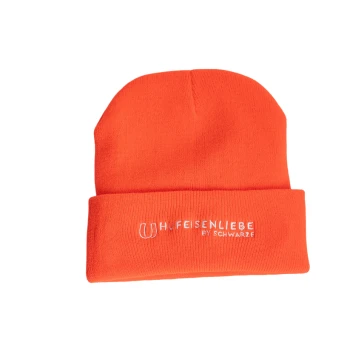 Helle orangefarbene Mütze mit weißem gesticktem Text "Hüfeisenliebe by Schwarze."